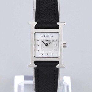 Hermes Black Epsom Leather Stainless Steel Diamond Heure H Mini Quartz Watch